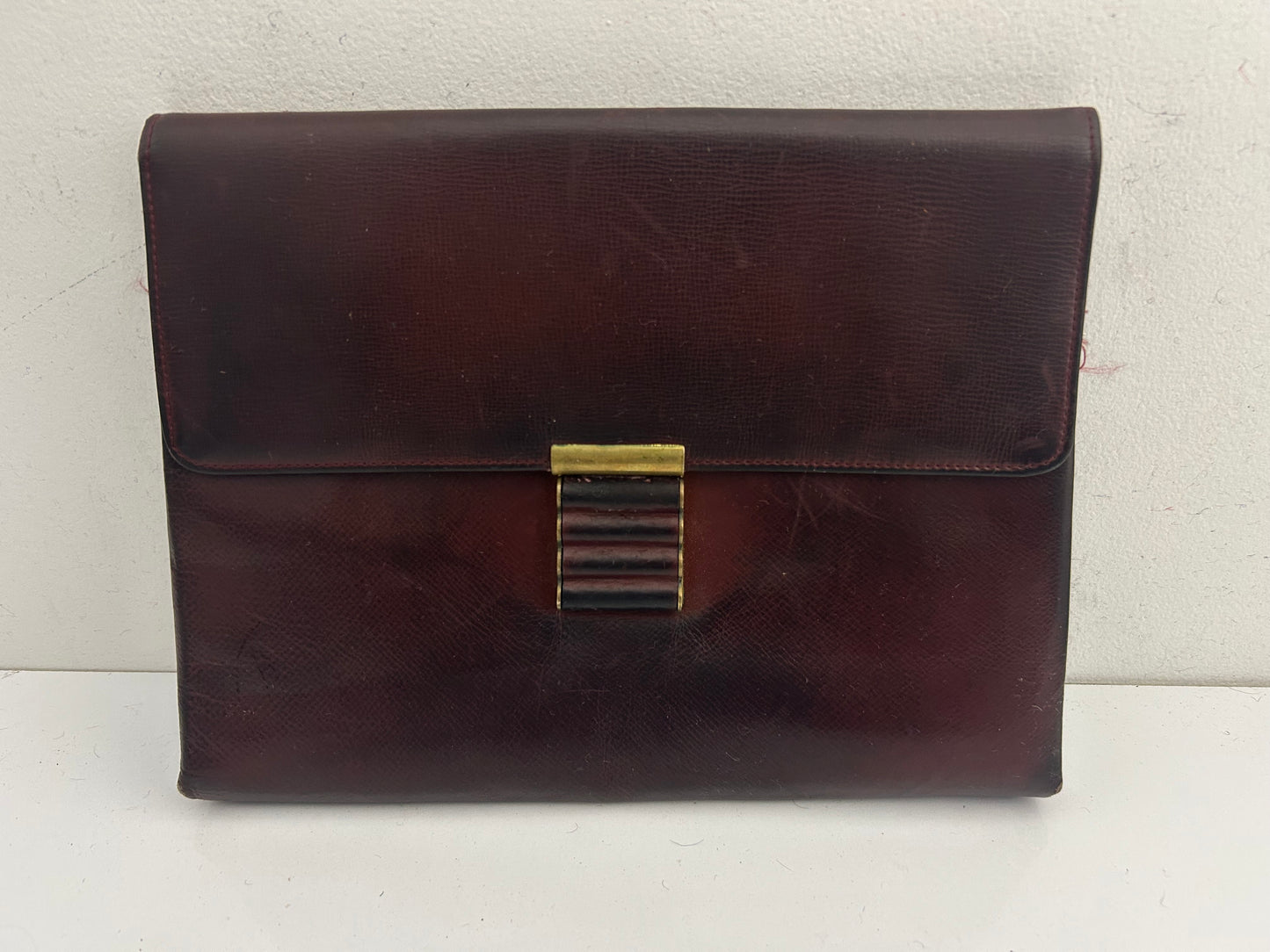 Vintage 1940s Dark Reddish Brown Real Leather Clutch Handbag With Hand Strap