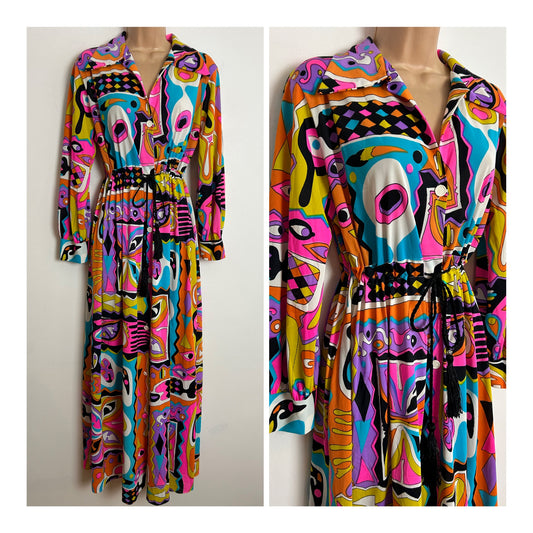 Vintage 1970s UK Size 8/10/12 Vibrant Pink Orange Blue Purple & Yellow Abstract Psychedelic Print Long Sleeve Maxi Dress