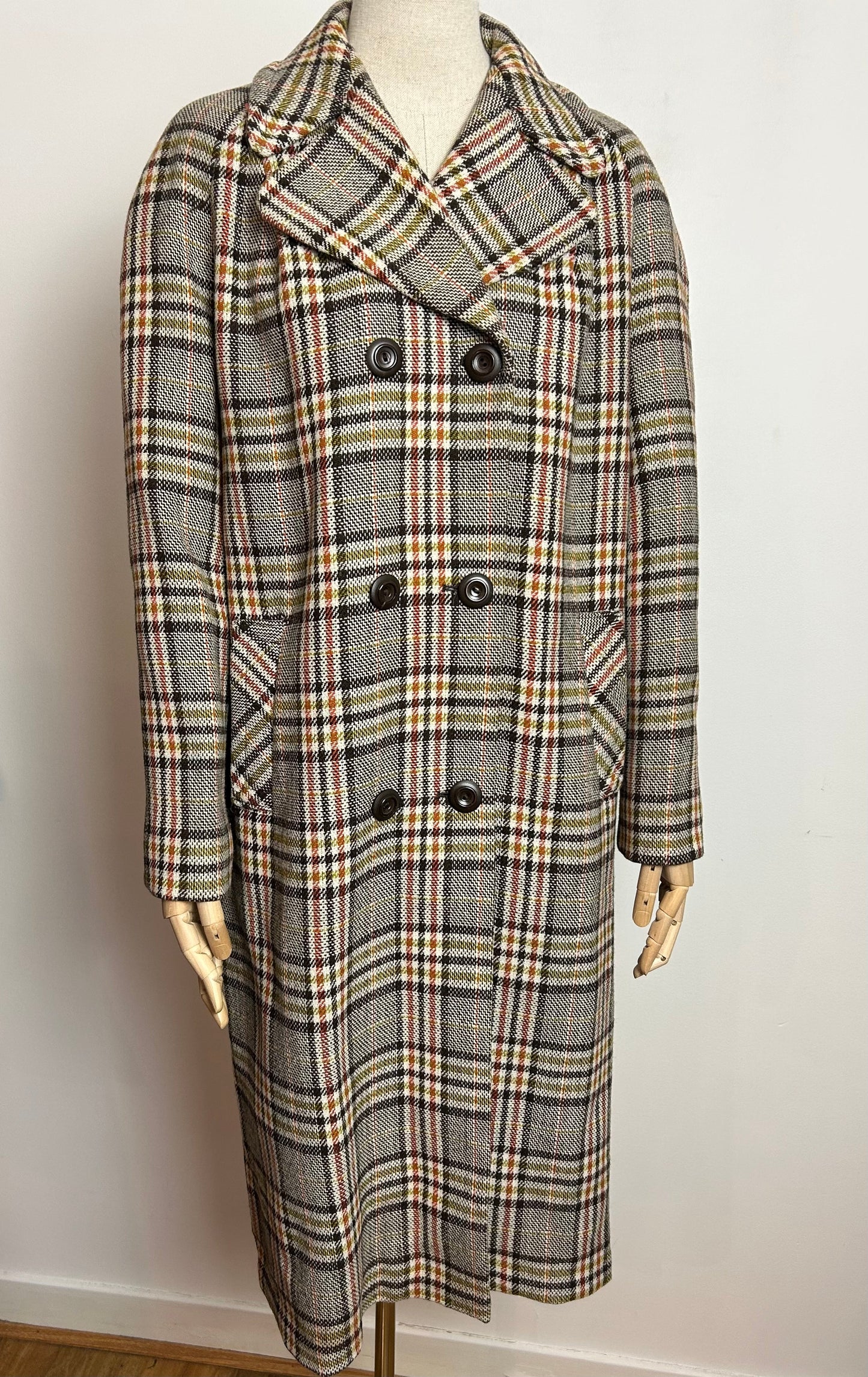 Vintage LAURE OF LEICESTER UK Size 14-16 Brown Cream & Rust Check Double Breasted Winter Coat