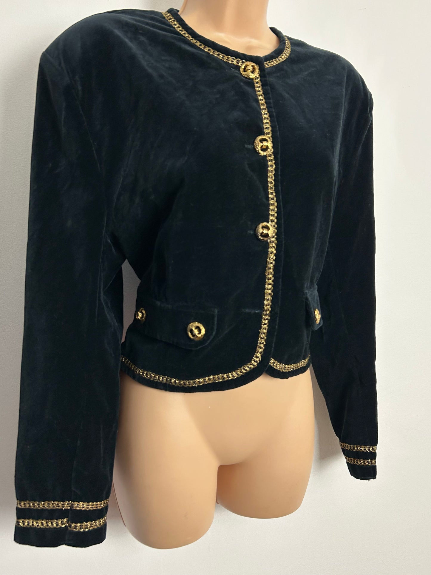 Vintage 1980s Size 14-16 Black & Gold Braid Trim Velvet Evening Jacket