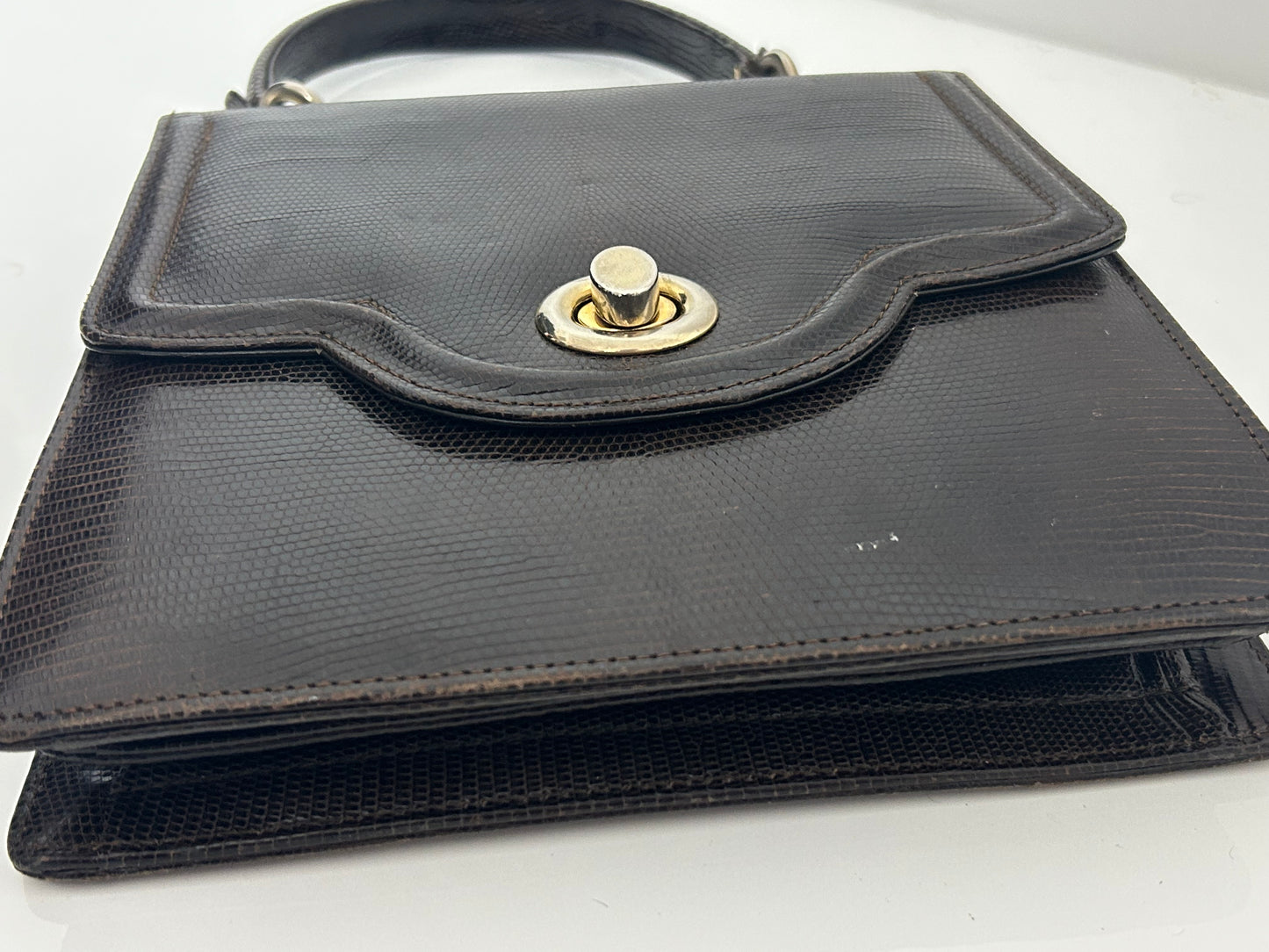 Vintage 1960s Dark Brown Leather Grab Handle Kelly Style Handbag