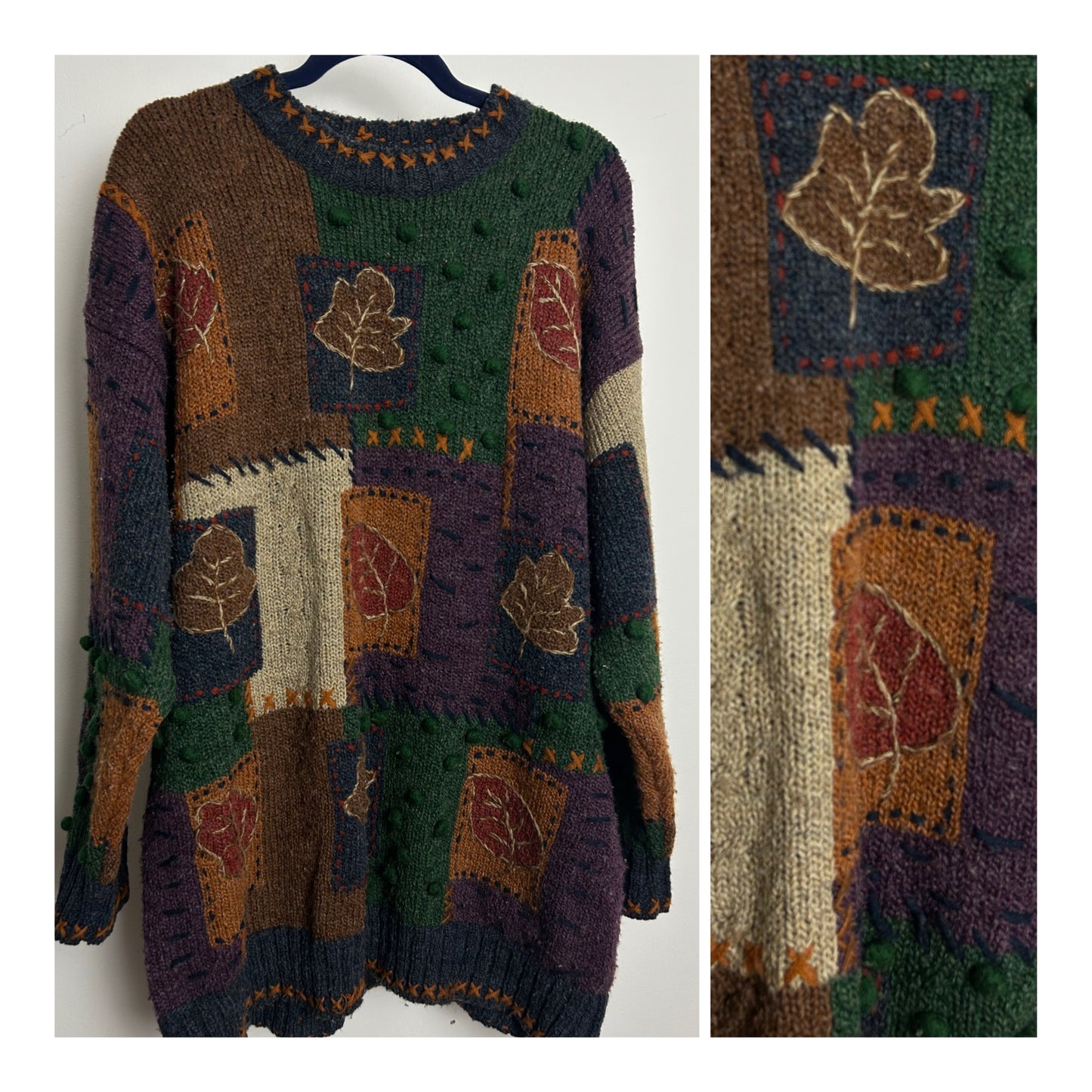 Vintage 1980s 90s Up To Size 20 Brown & Green Autumnal Leaf Pattern Wool Mix Pullover Jumper