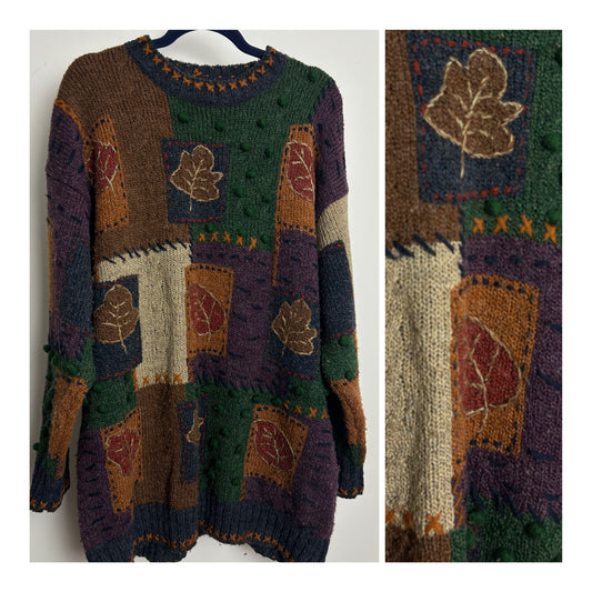 Vintage 1980s 90s Up To Size 20 Brown & Green Autumnal Leaf Pattern Wool Mix Pullover Jumper