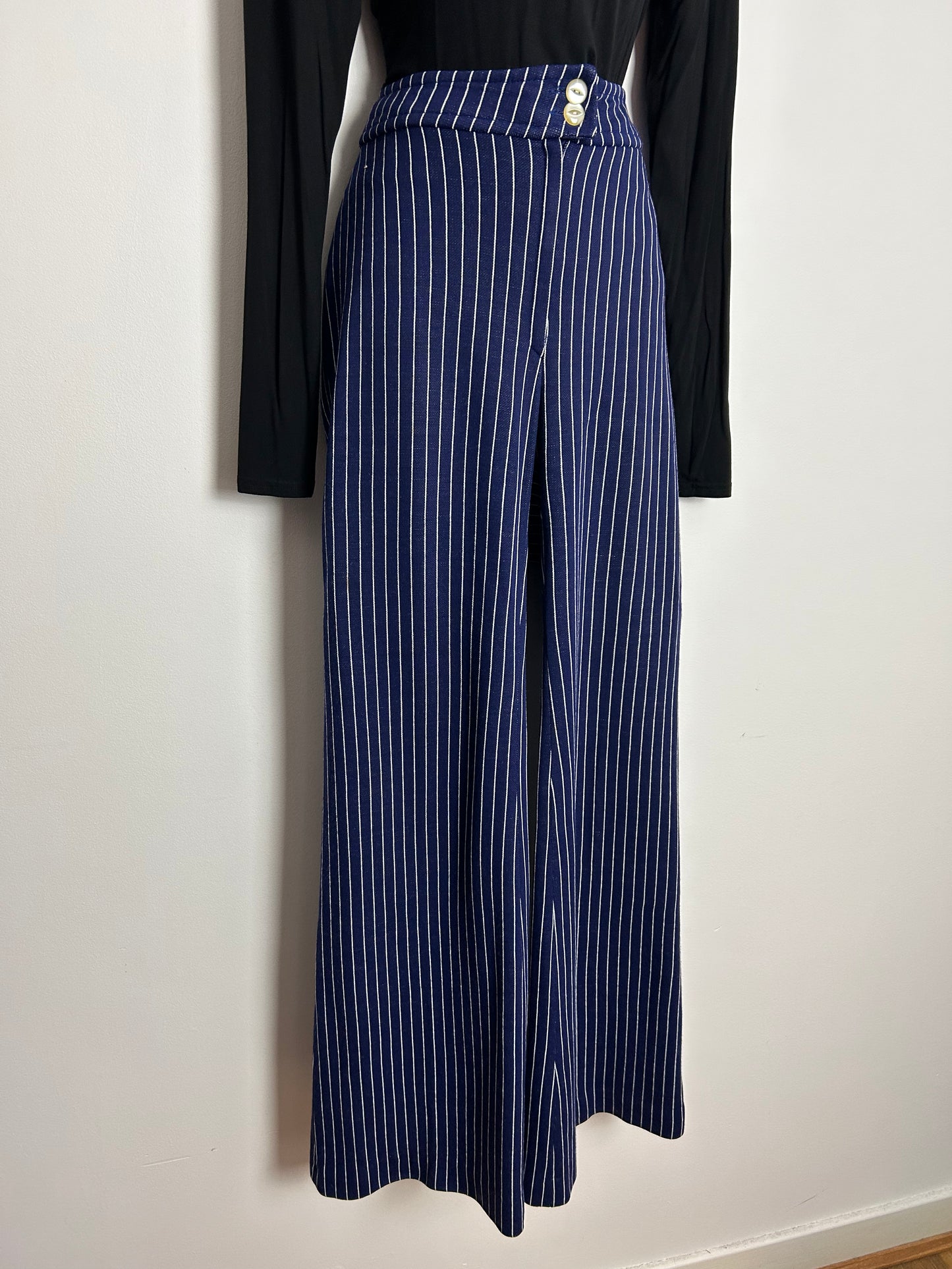 Vintage Early 1970s ST MICHAEL UK Size 8 Navy Blue & White Pinstripe Jersey Flared Trousers