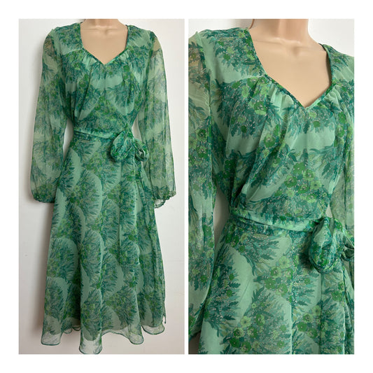 Vintage 1970s VERENA MODELLE Size 10-12 Green Tones Floral Print Belted Chiffon Dress