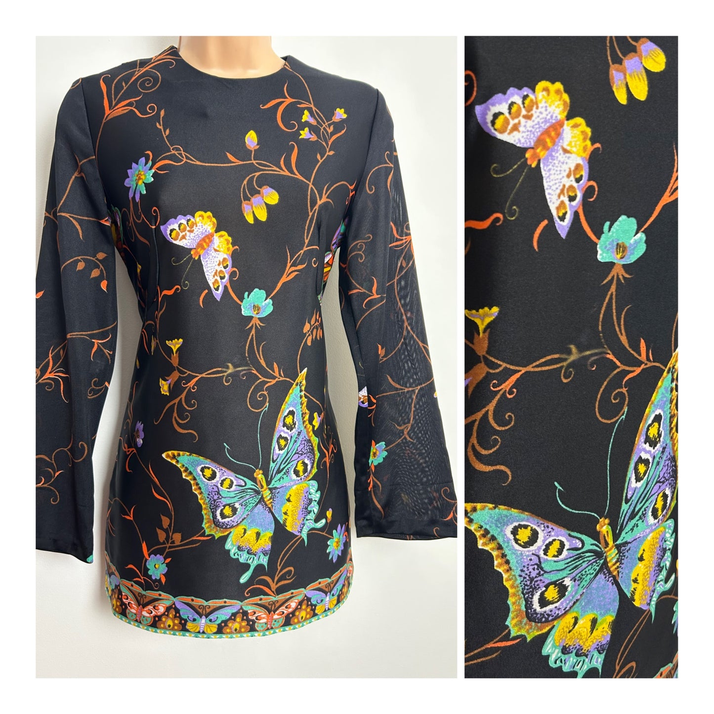 Vintage Late 1960s MODELLY Size 8-10 Black & Multicolour Butterfly Long Sleeve Tunic Style Top