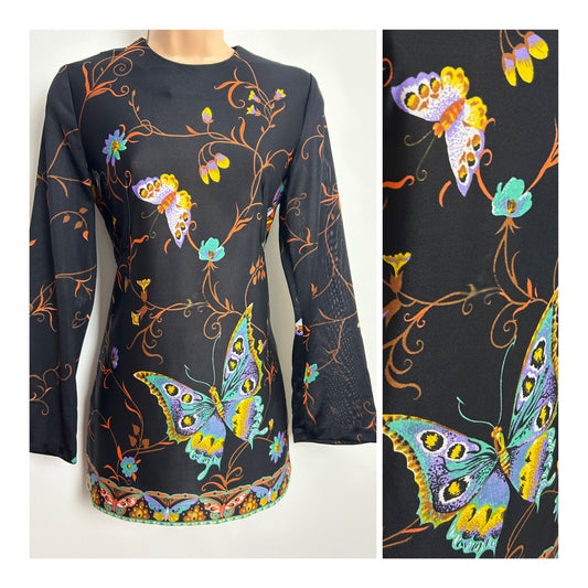 Vintage Late 1960s MODELLY Size 8-10 Black & Multicolour Butterfly Long Sleeve Tunic Style Top