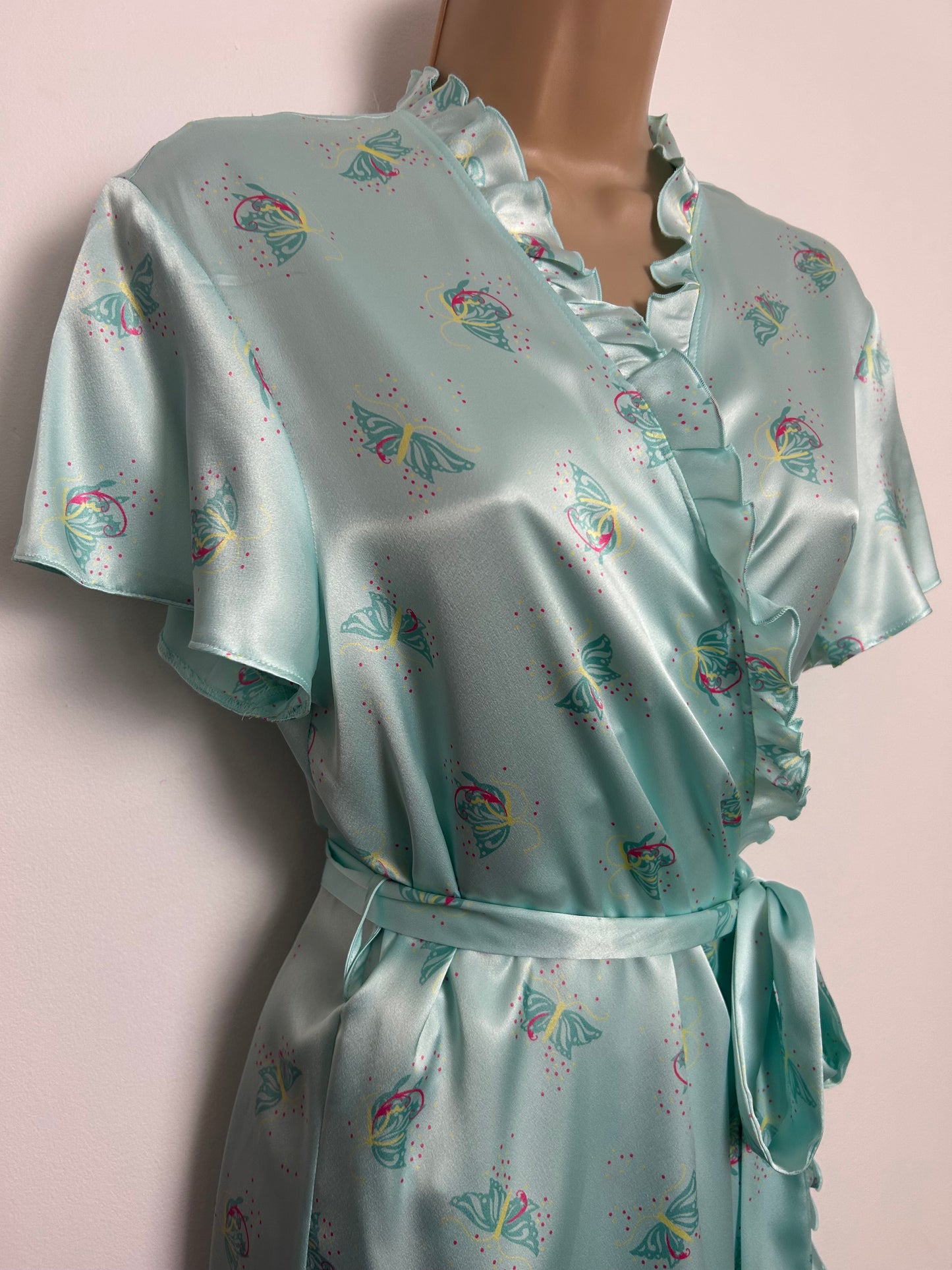 Circa 2008 Y2K Marks & Spencer Size 8-10 Turquoise Green Butterfly Print Silky Wrap Dressing  Gown