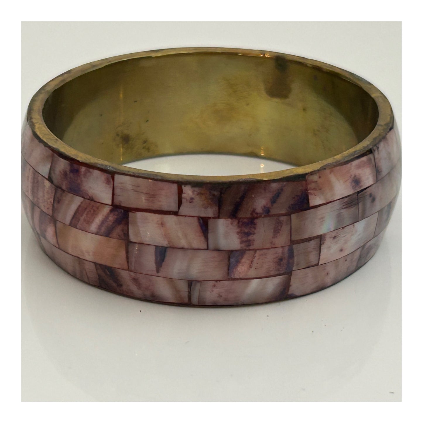 Vintage 1980s Gorgeous Brass With Pink Mother Of Pearl Set Wide Bangle
