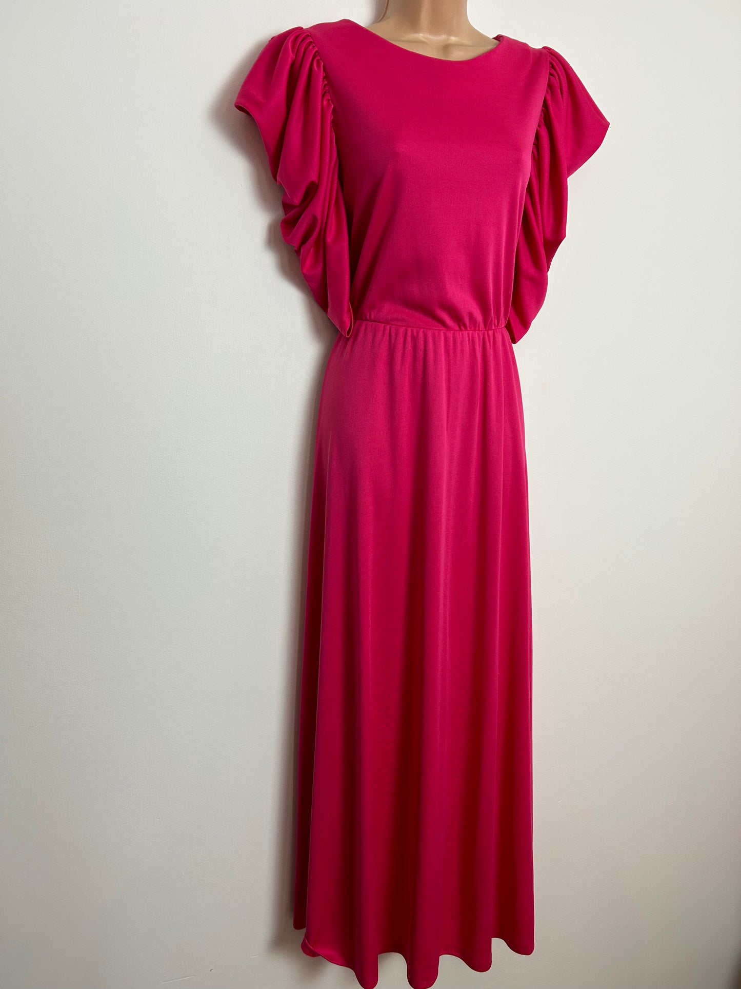 Vintage 1980s UK Size 12 C&A Hot Pink Pleated Draped Sleeve Occasion Maxi Dress