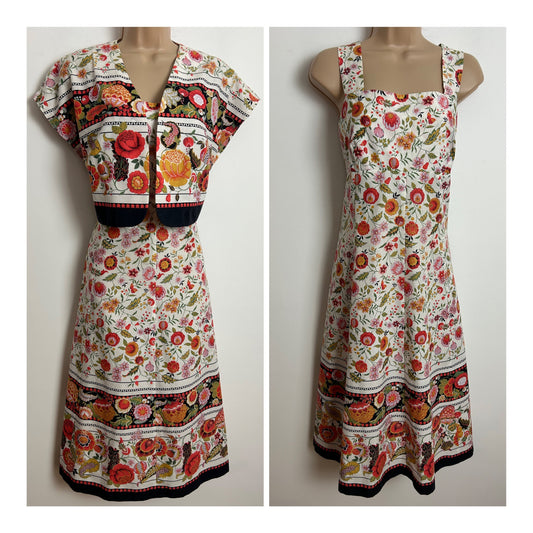 Vintage 1970s SIDGREENE OF LONDON Size 14 Pretty White Orange Black & Green Floral Print Cotton Dress With Matching Jacket
