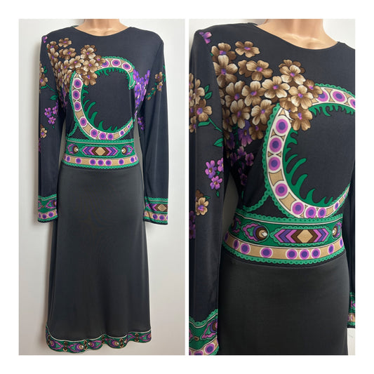 Vintage 1970s Size 14 Grey Beige Brown Pink & Green Floral & Geo Border Print Long Sleeve Occasion Dress