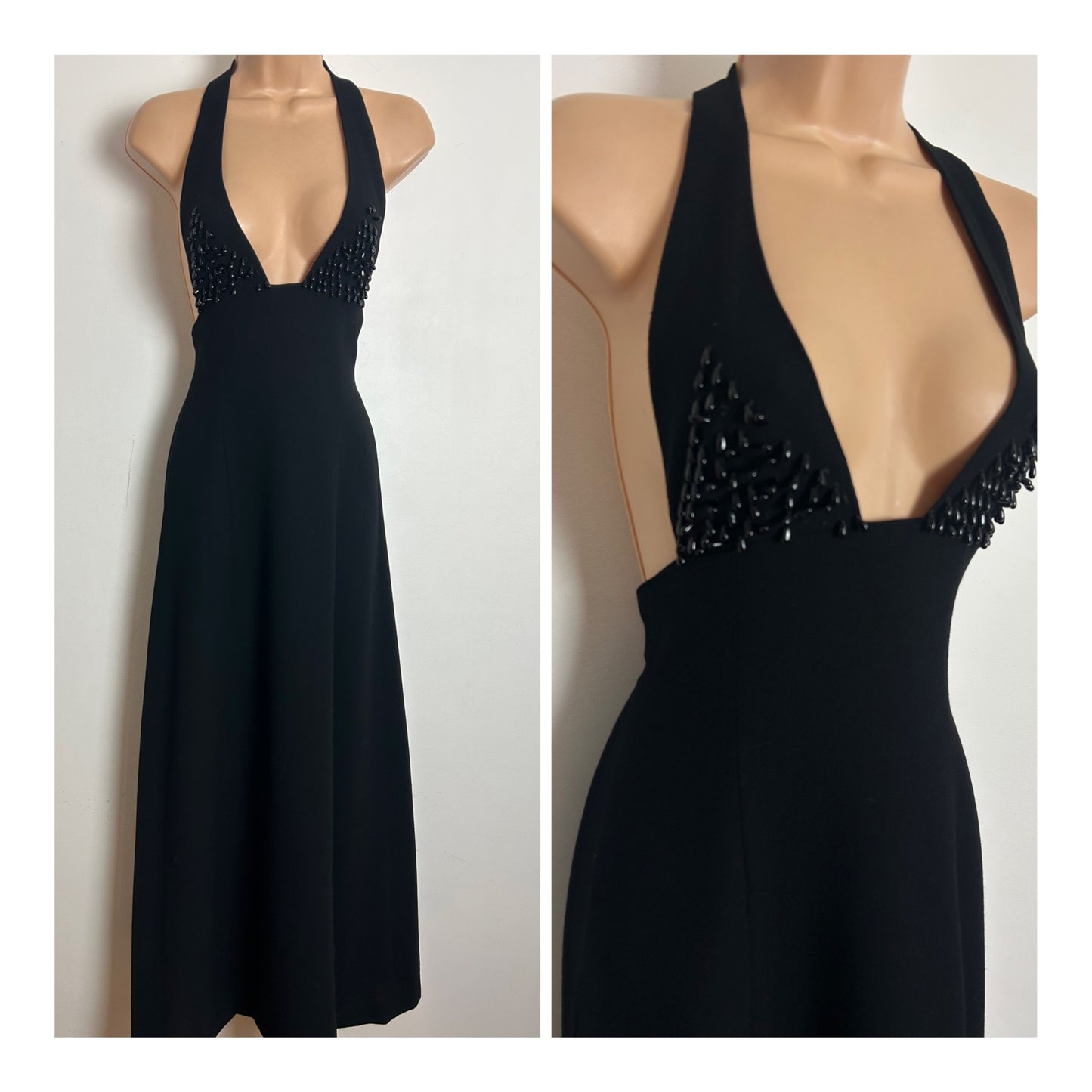 Vintage 1970s Size 8 Black Bead Detail Plunging V-Neck Open Back Occasion Evening Dress