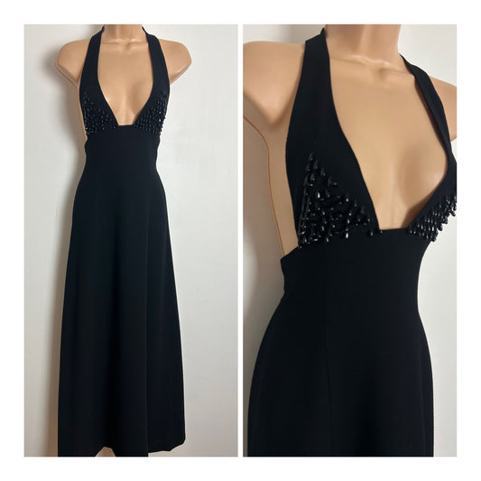 Vintage 1970s Size 8 Black Bead Detail Plunging V-Neck Open Back Occasion Evening Dress