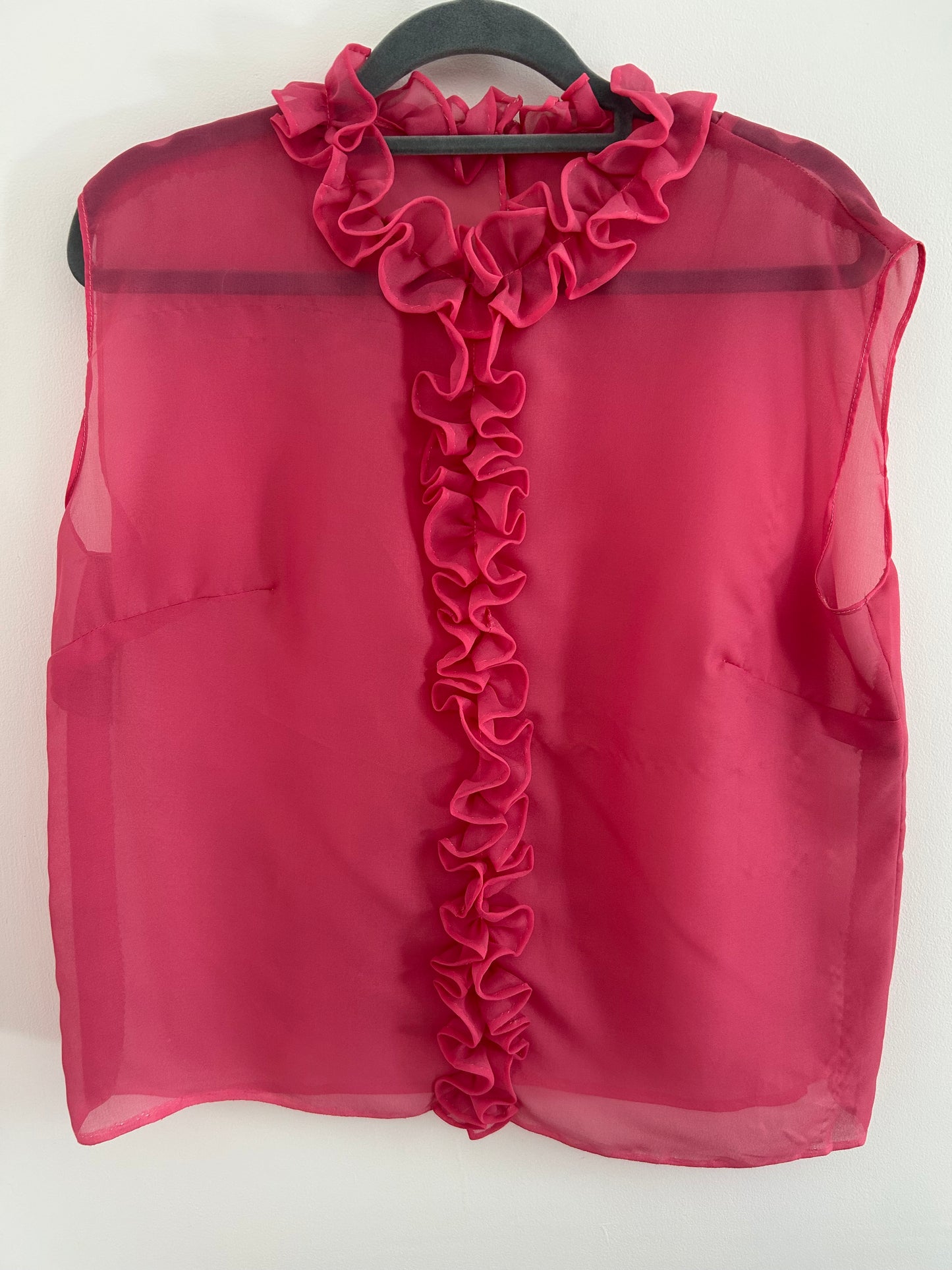 Vintage 1960s Size 14 Candy Pink Sleeveless Ruffle Trim Semi Sheer Lightweight Blouse Top