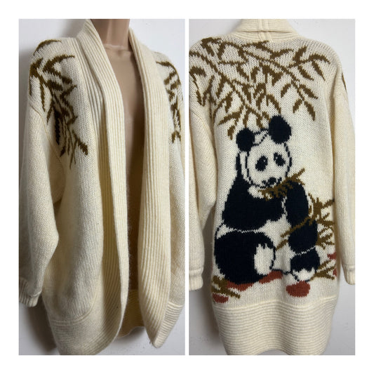 Vintage 1980s FEMI Up To Size 14-16 Gorgeous Cream Wool Mix Giant Panda Open Fronted Cardigan