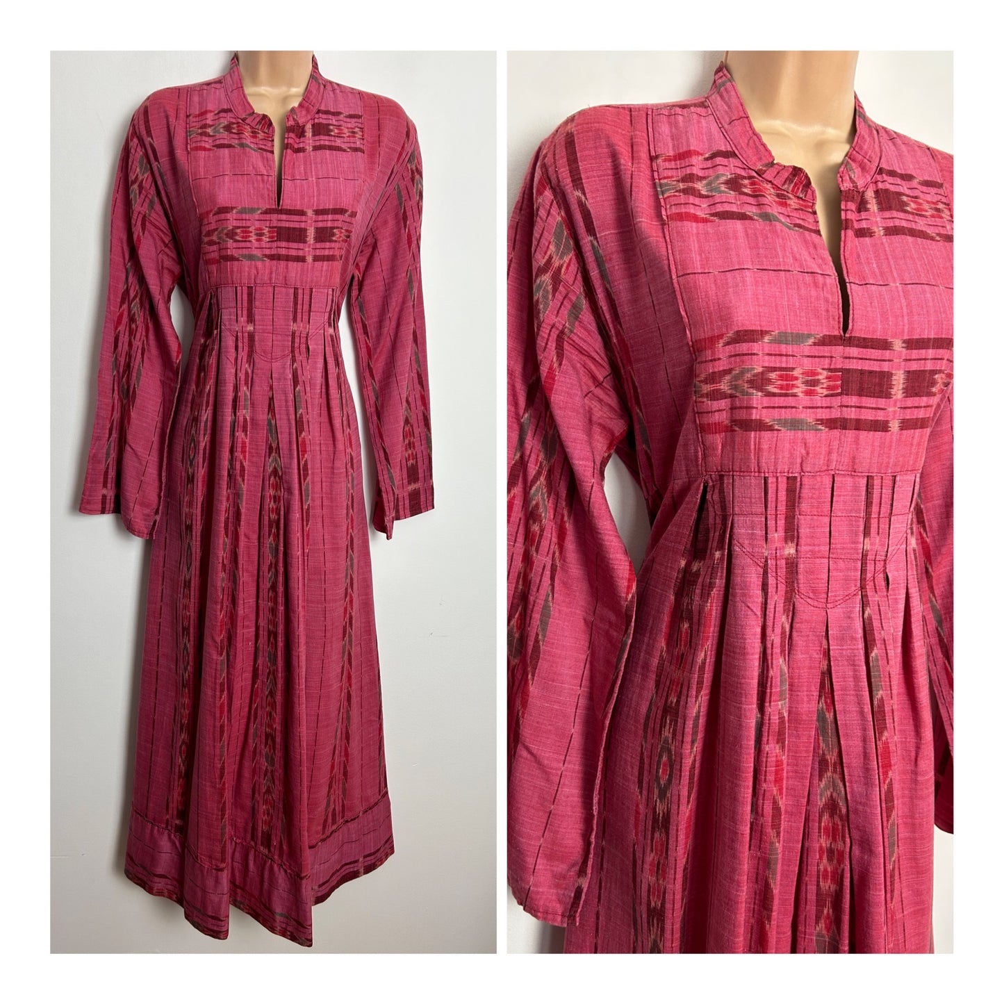 Vintage 1970s UK Size 8-10 Raspberry Pink Abstract Stripe Print Long Sleeve Pleated Tie Back Kaftan Style Cotton Maxi Dress