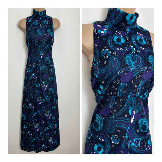 Vintage 1970s Size 12 Blue Tones Floral Print Sleeveless High Neck Maxi Dress