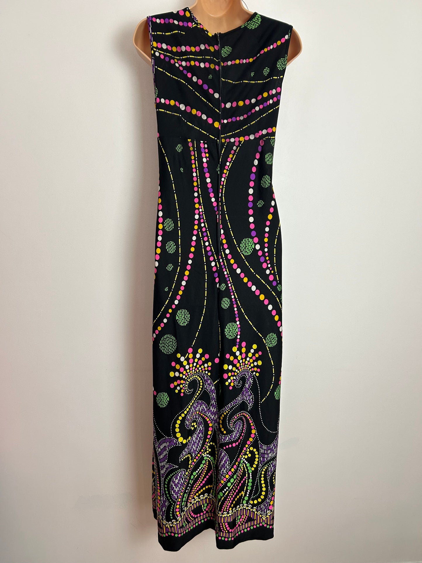 Vintage 1970s UK Size 12 Black Pink Green & Purple Abstract Print Sleeveless Maxi Dress