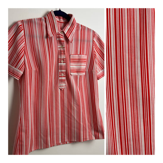 Vintage 1970s Size 14 Red & White Stripe Print Short Sleeve Pocket Detail Shirt