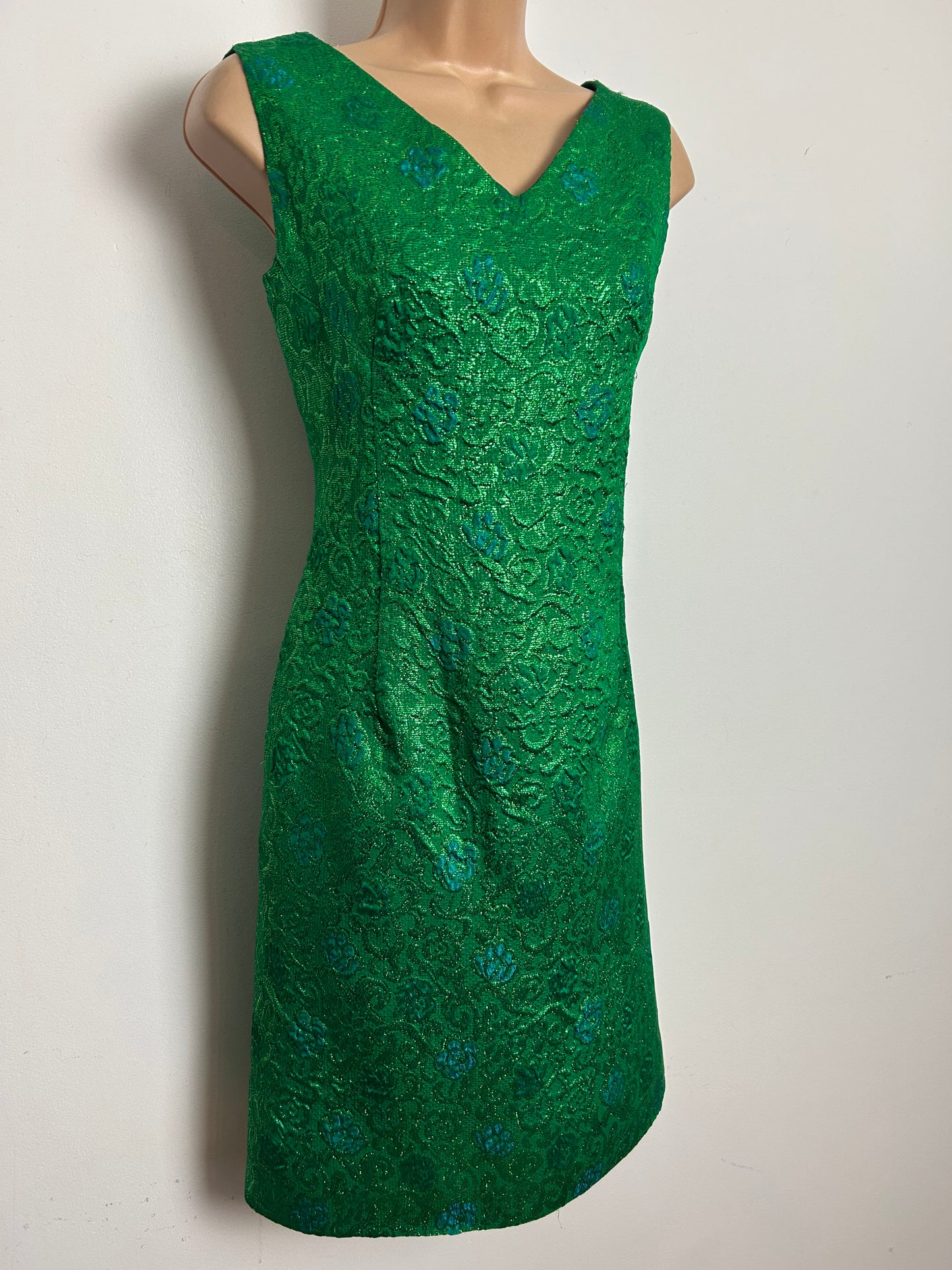 Vintage 1960s LAURA PHILLIPS Size 10 Metallic Green & Blue Textured Jacquard Xmas Party Mini Dress
