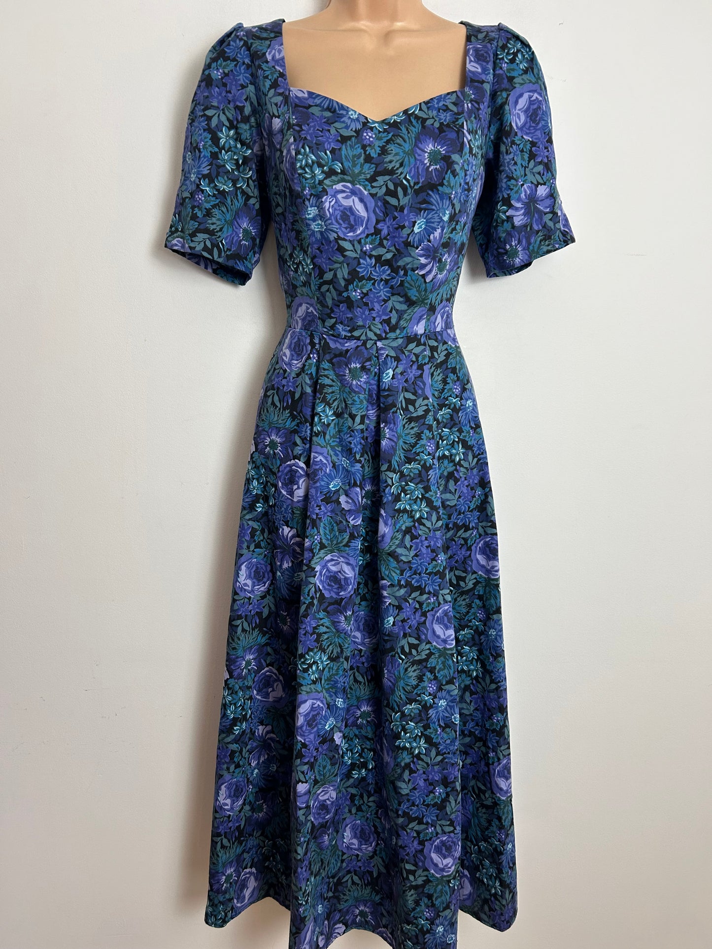 Vintage 1980s LAURA ASHLEY Size 10 Black Blue & Green Print Open Bow Back Dress