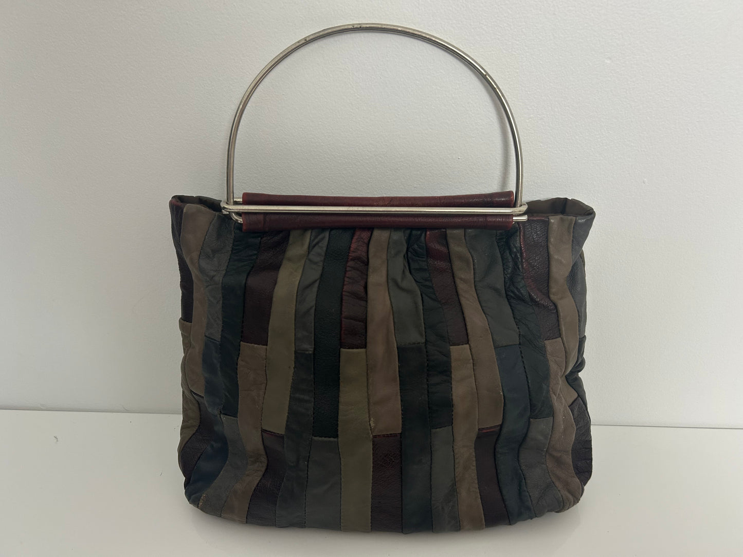 Vintage 1970s Dark Red Green & Grey Tones Patchwork Leather Metal Handled Boho Handbag