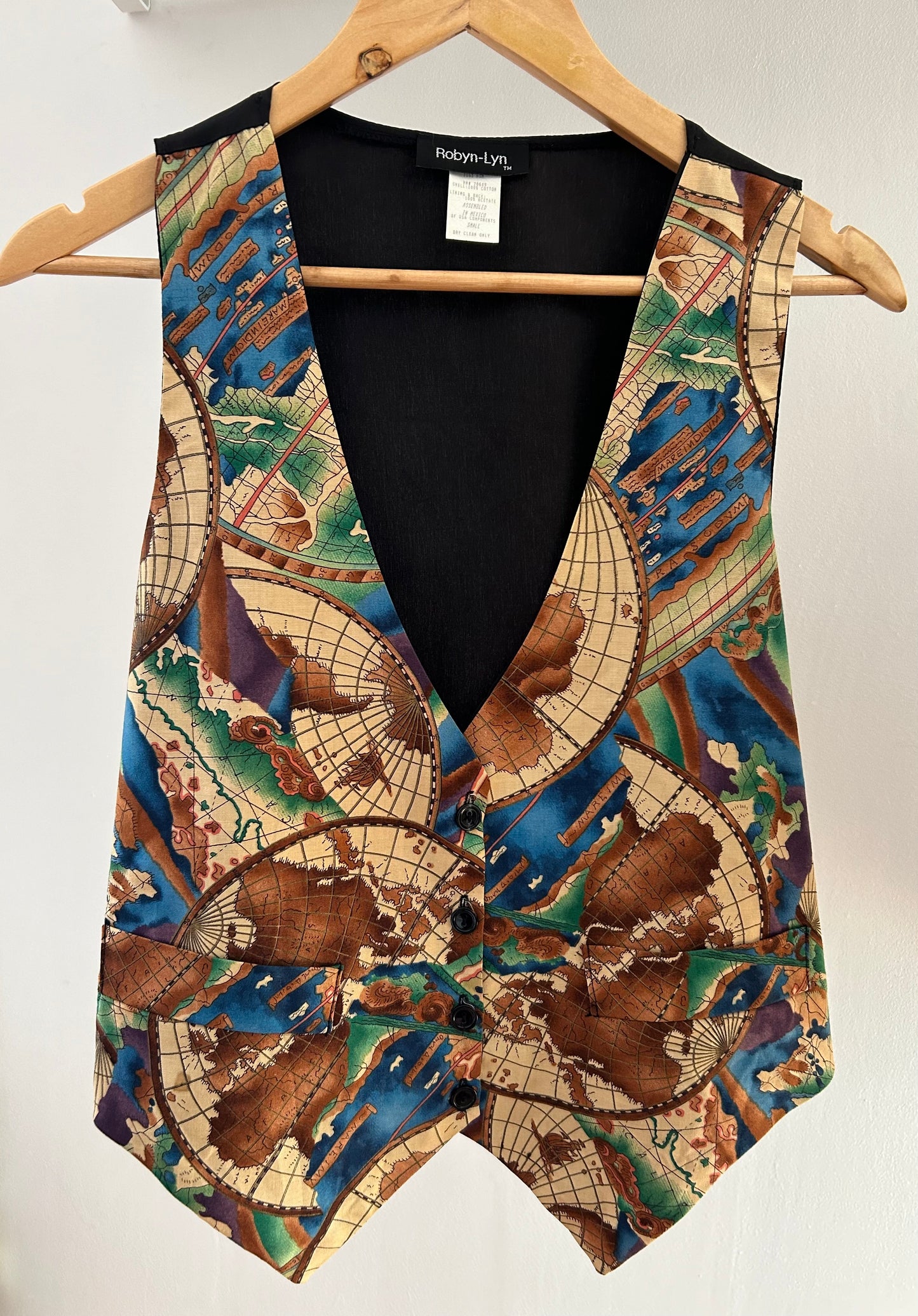 Vintage 1990s ROBYN-LYN UK Size 10 (USA Small) Fab Novelty Print Maps Print Vest Waistcoat