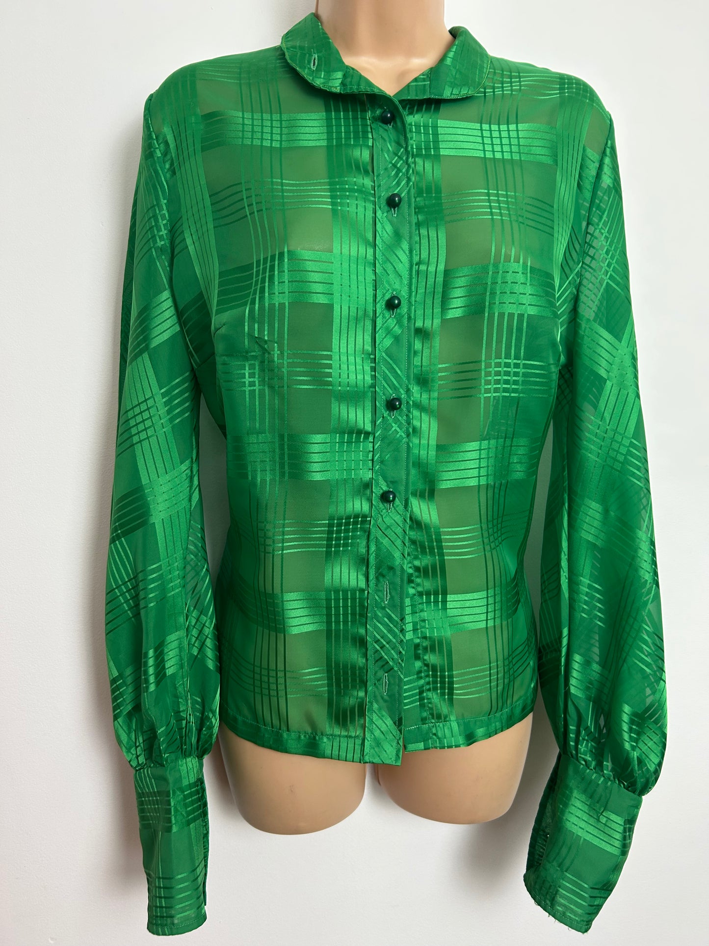 Vintage Early 1980s Size 14 Emerald Green Check Pattern Long Sleeve Shirt
