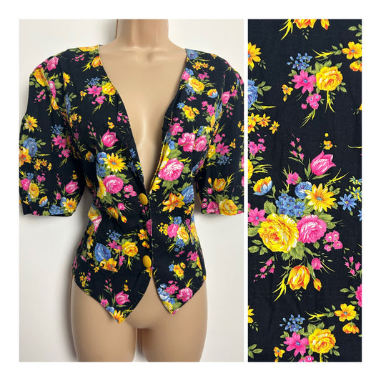 Vintage Early 1980s Size 12 Cute Black Yellow Pink & Blue Floral Print Cotton Shirt