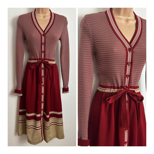 Vintage 1970s Rare GINA ITALIAN SOPHISTICATES Size 8-10 Brick Red & Beige Stripe Print Tie Waisted Dress