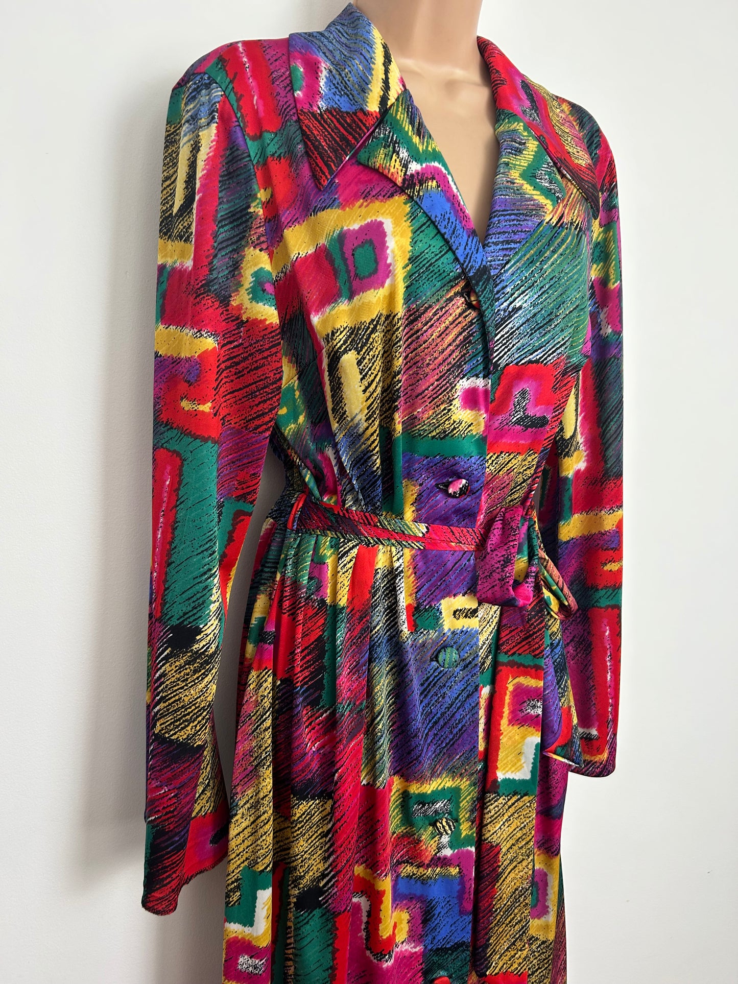 Vintage 1970s POMPADOUR Size 14-16 Multicolour Abstract Geo Square Print Dagger Collar Belted Maxi Dress