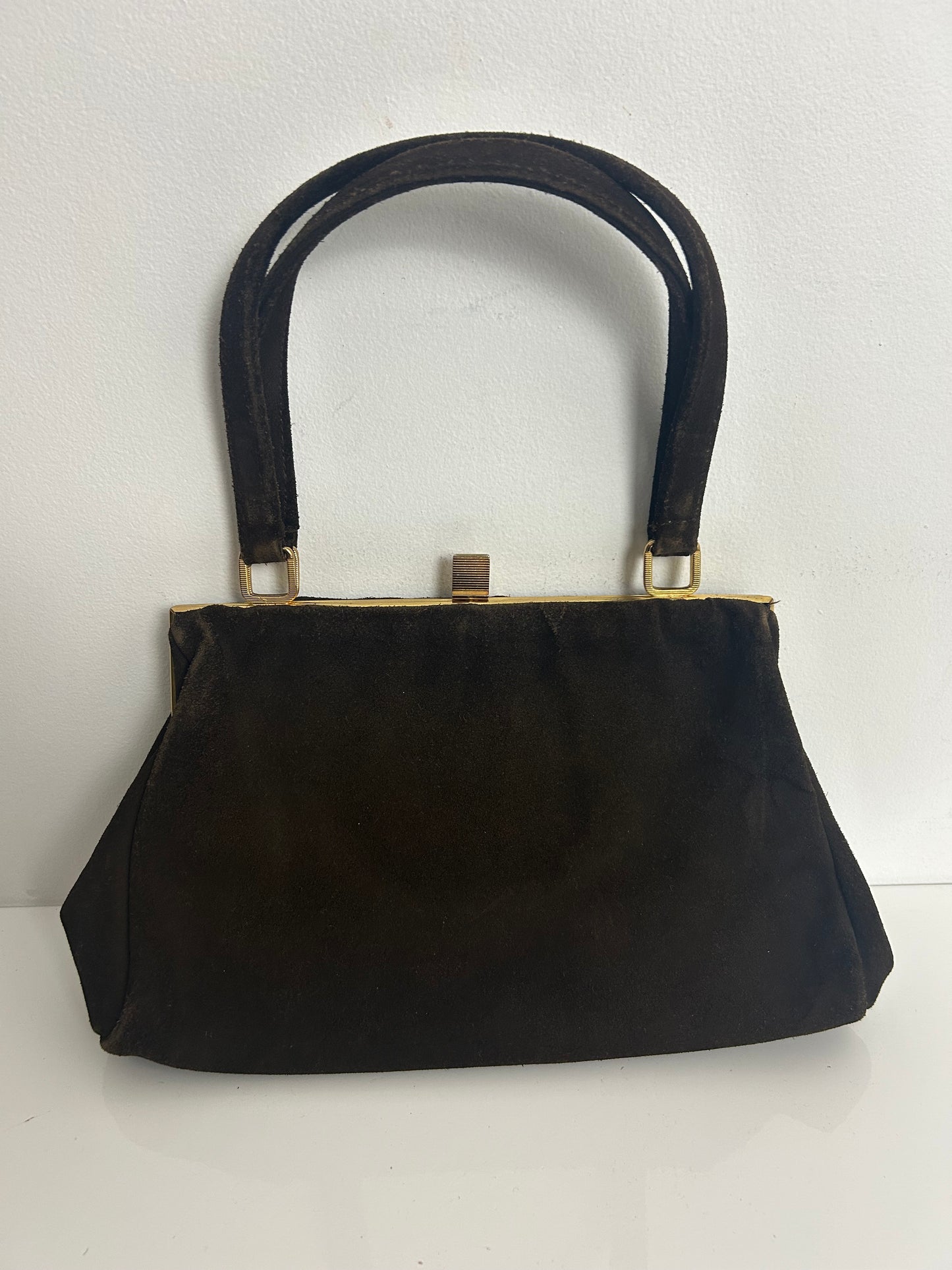 Vintage 1950s Dark Brown Suede Top Handle Handbag Made In London