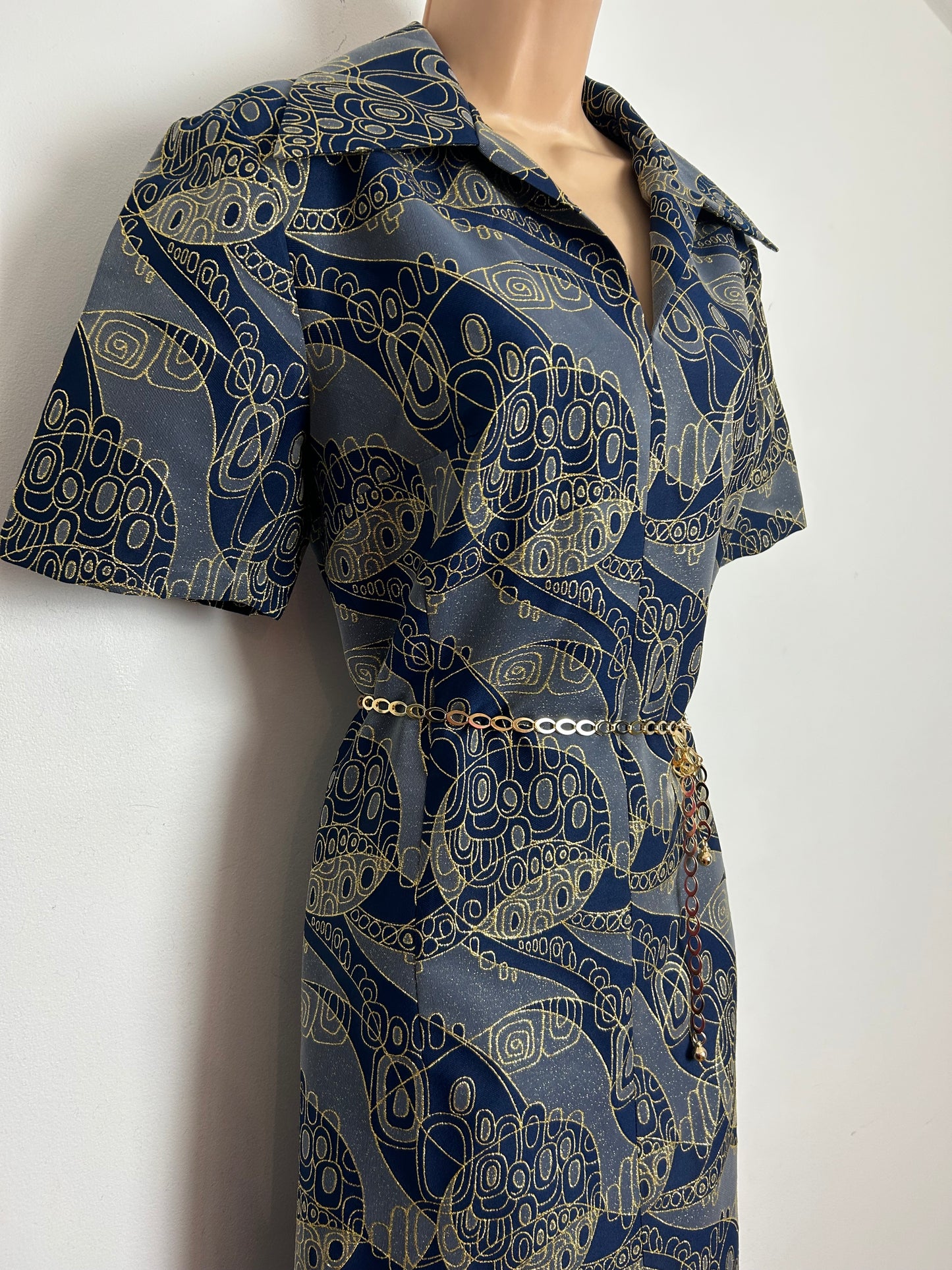 Vintage 1970s size 14 Blue & Gold Tones Abstract Print Belted Occasion Evening Maxi Dress