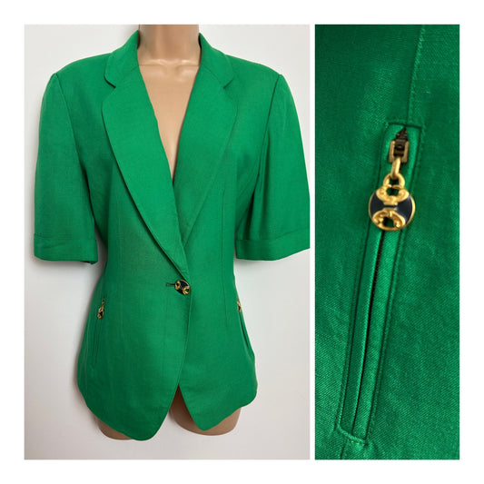 Vintage 1980s CACHE D'OR Size 12 Green Linen Mix Short Sleeve Lined Blazer
