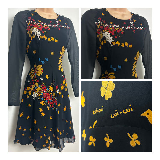 Vintage 1970s Size 8 Black Mustard Yellow Red & White Floral Print Mini Dress