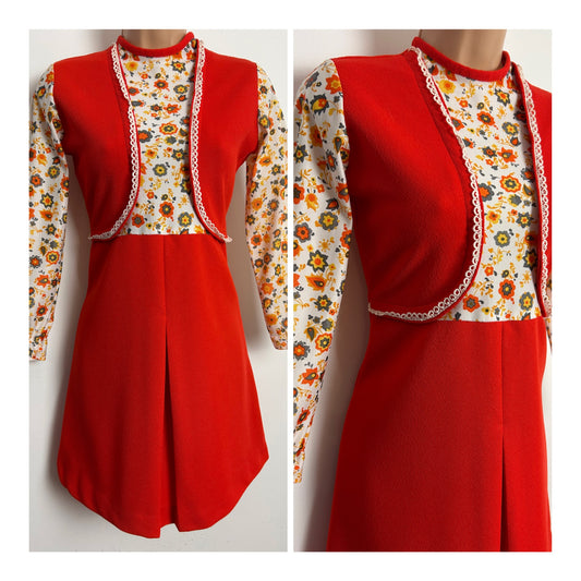 Vintage 1960s Size 8 Red Floral Print Mock Waistcoat Long Sleeve Mini Mod Dress