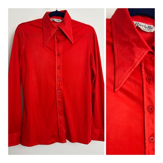 Vintage 1970s RIVOLETTE PARIS Size 12 Red Dagger Collar Long Sleeve Shirt