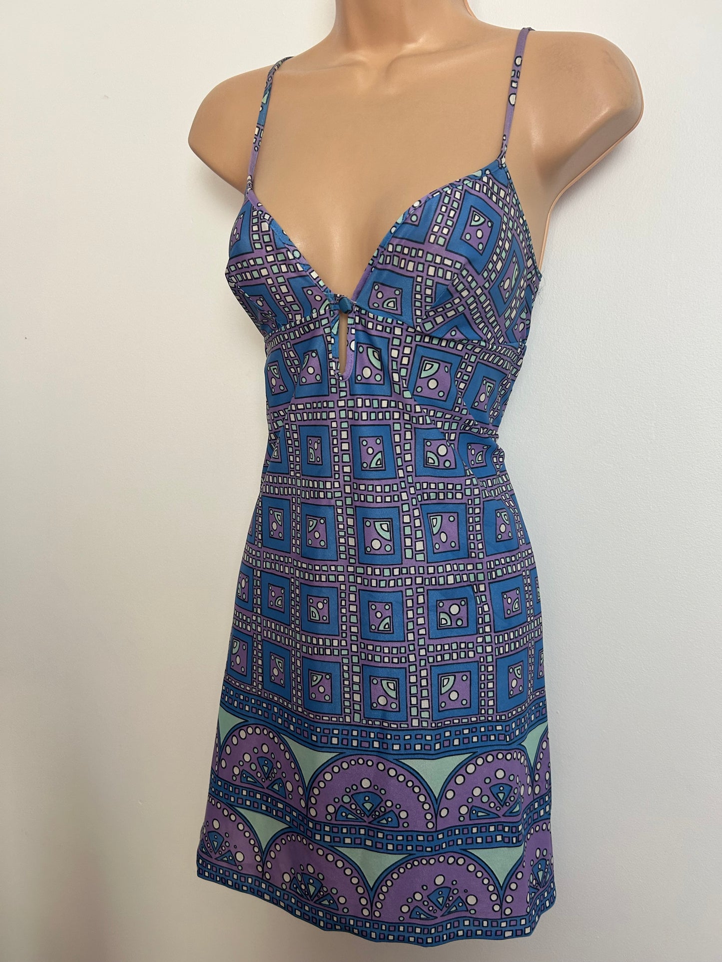 Vintage 1970s PIPPA DEE Size 8 Blue Lilac & Mint Green Geo Print Summer Sun Dress