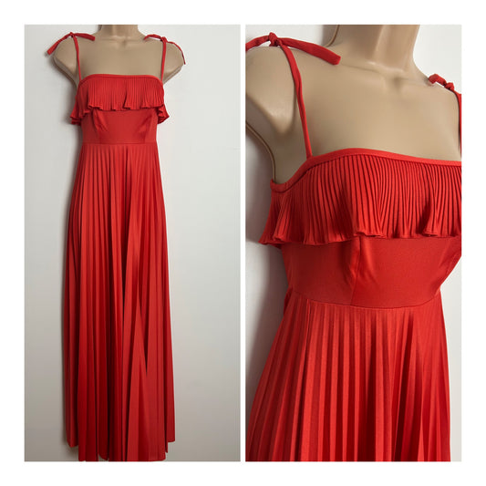 Vintage 1970s ARLETTE BERESSI UK Size 4 Orange Ruffle Trim Tie Shoulder Pleated Maxi Dress