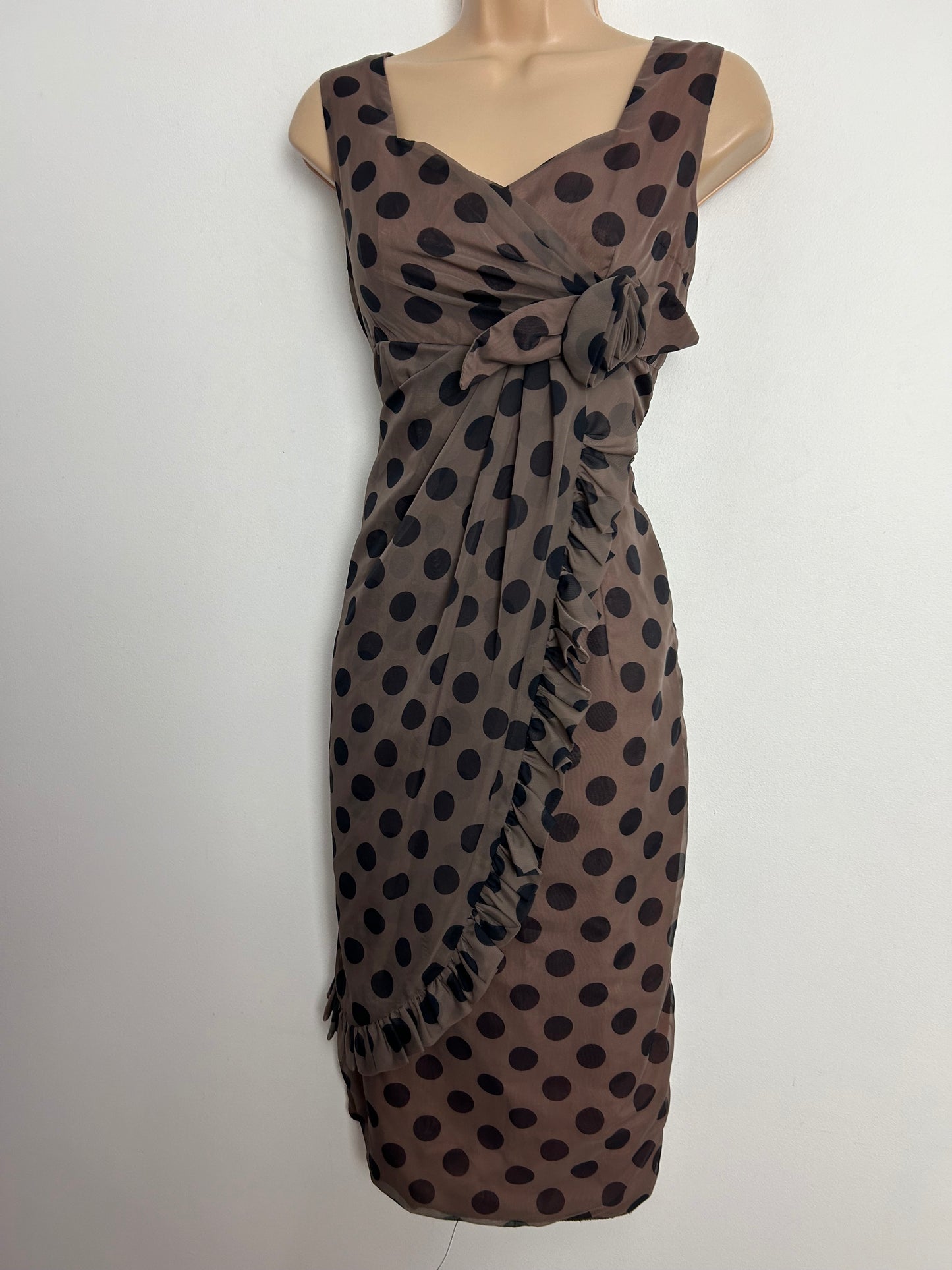 Vintage Early 1960s UK Size 8 Gorgeous Brown & Black Polka Dot Spot Print Mock Wrap Fitted Dress