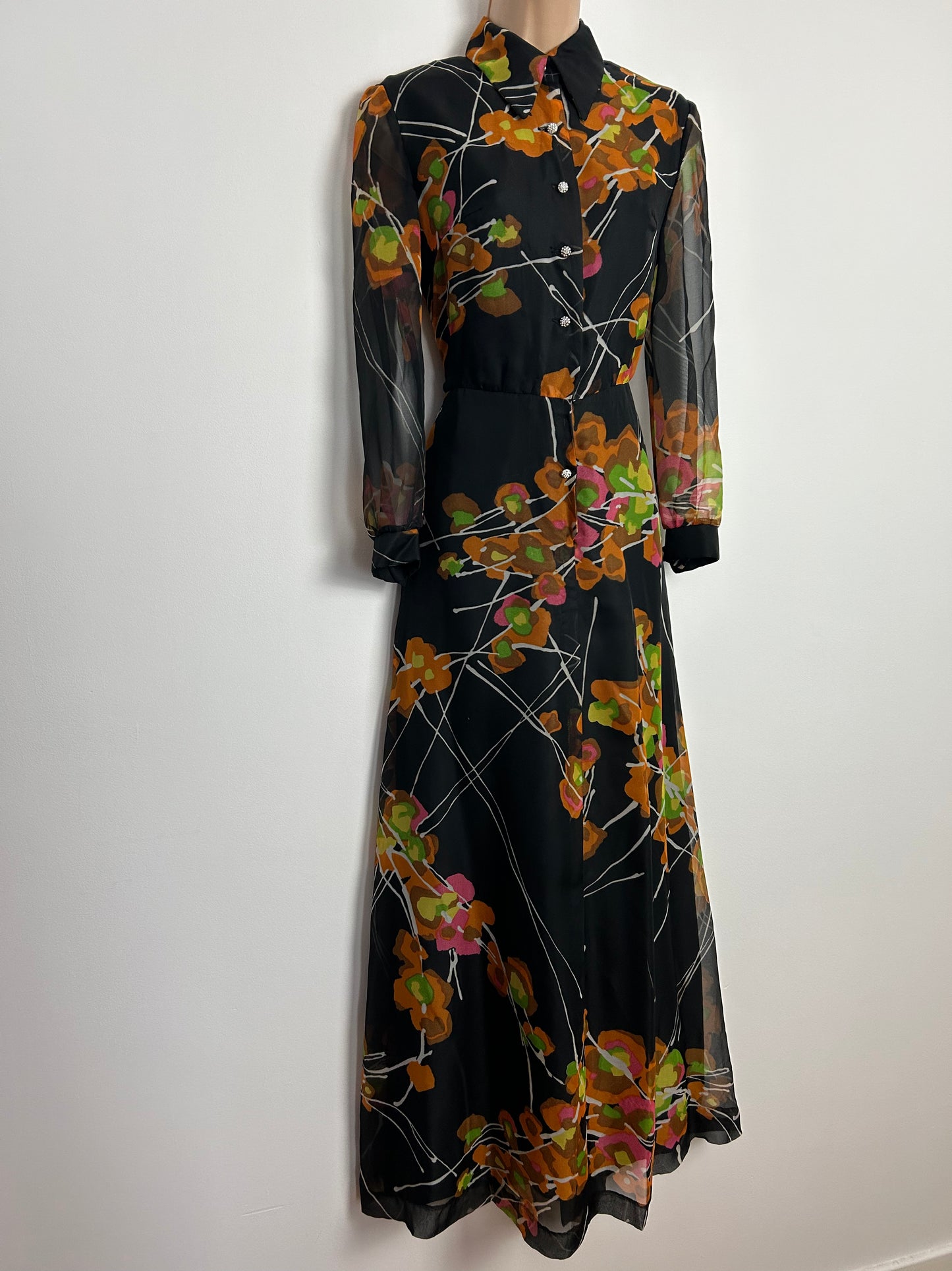 Vintage 1970s UK Size 10 Black Orange & Green Floral Print Long Sleeve Boho Maxi Dress by Verena Modelle