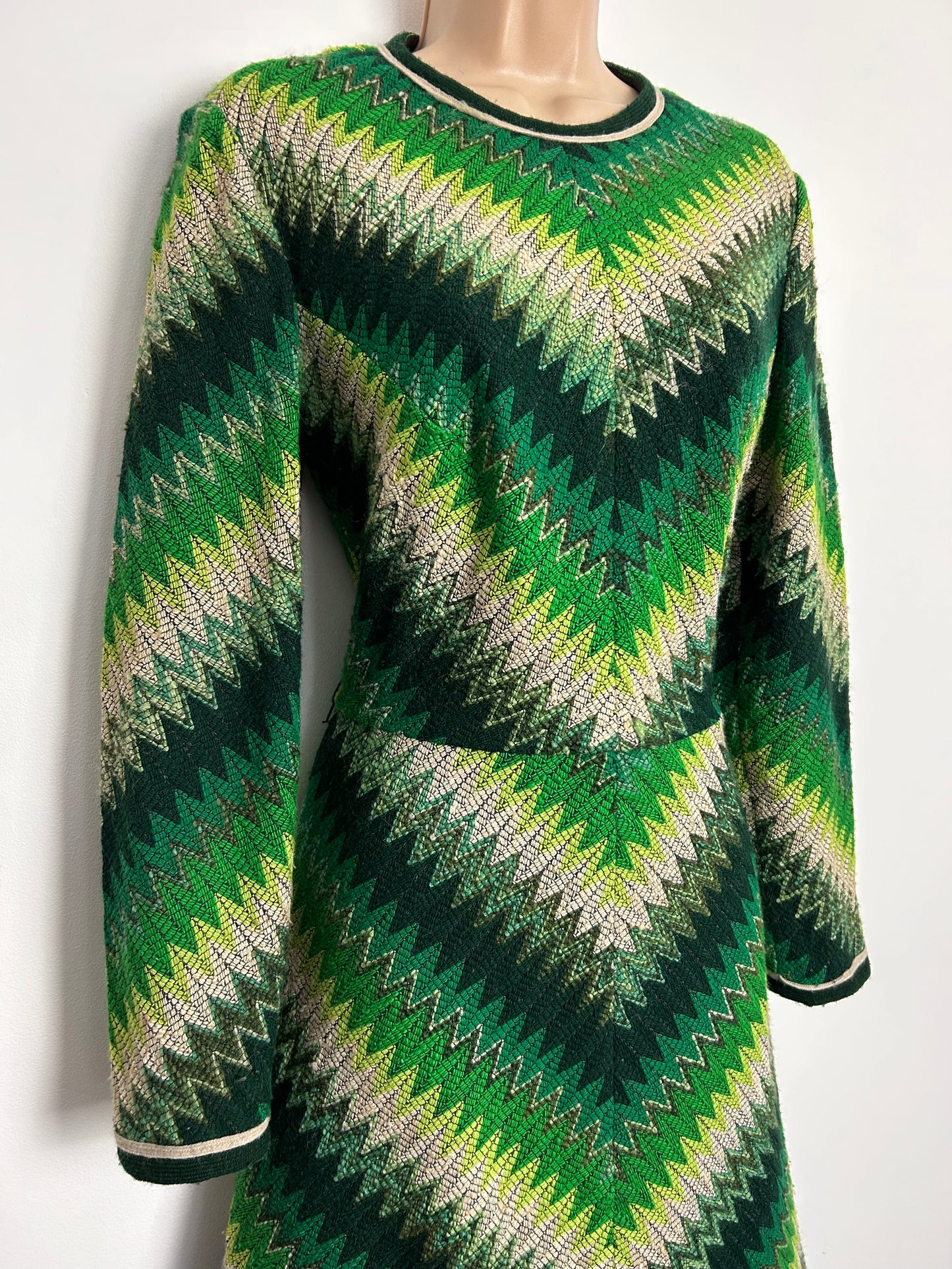 Vintage 1960s BERKERTEX UK Size 12 Incredible Green Tones Zig Zag Pattern Woven Wool Mod Dress