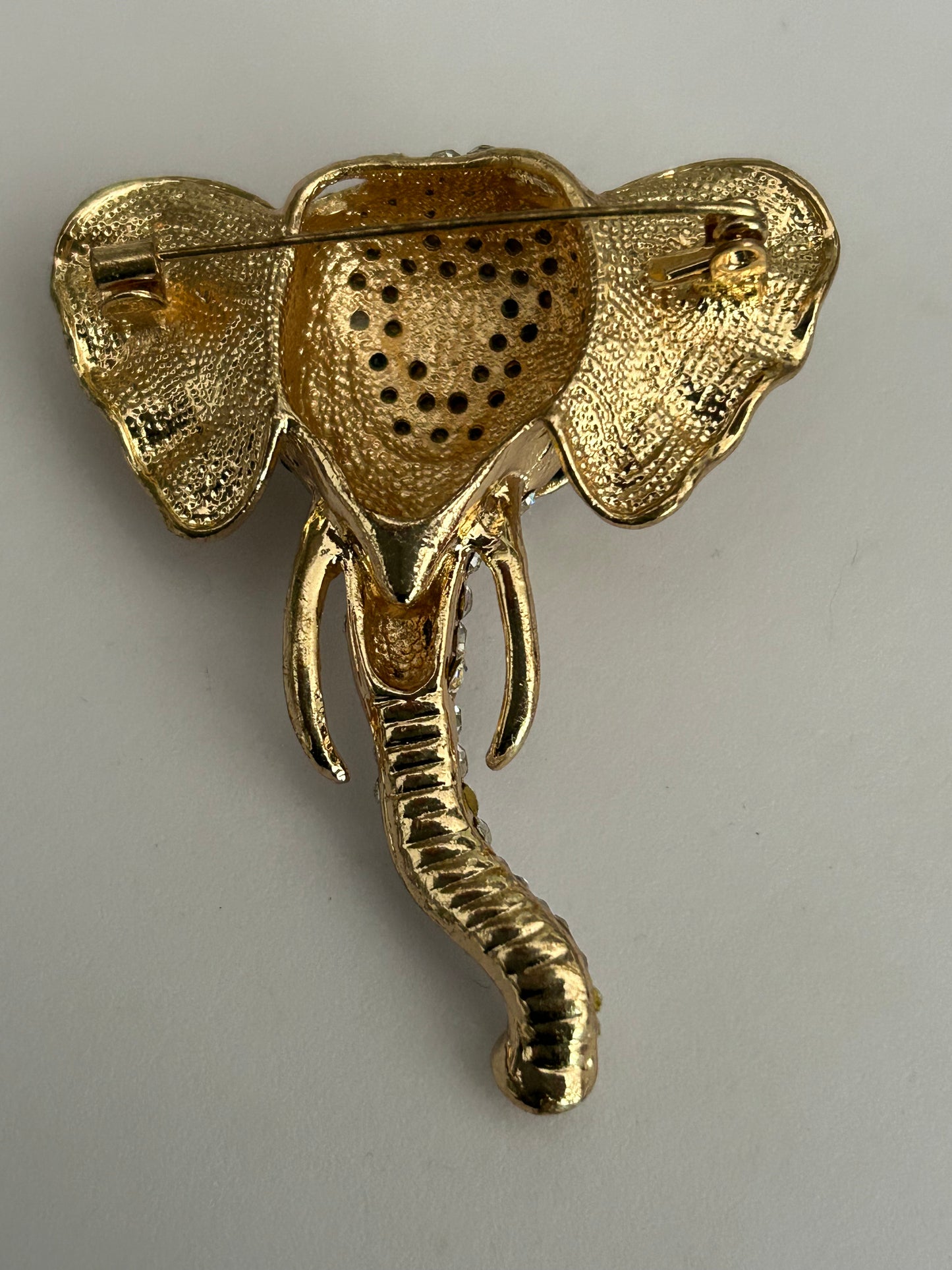 Vintage Large Gold Tone Diamante Rhinestone Set Elephant Head Pin Brooch