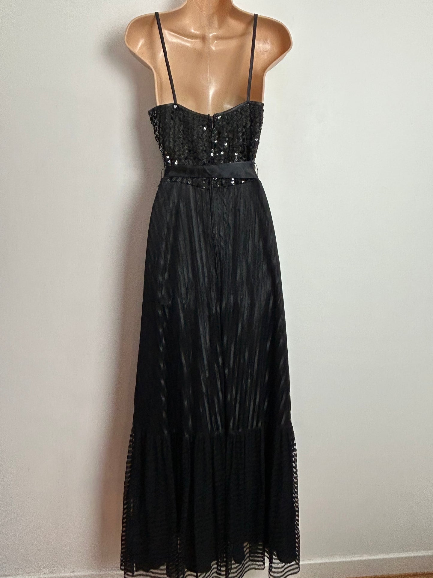 Vintage 1970s VERA MONT UK Size 6 Black Mesh & Sequin Detail Strappy Belted Evening Maxi Dress