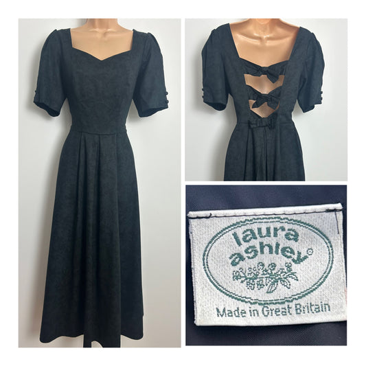 Vintage 1980s LAURA ASHLEY Size 10 (14 On label) Black Floral Open Bow Back Pleated Dress