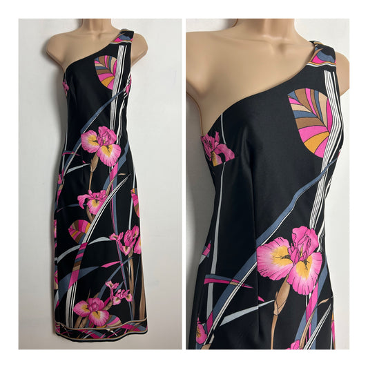Vintage 1970s UK Size 6-8 Black Pink White & Grey Stripe & Floral Print One Shoulder Maxi Dress