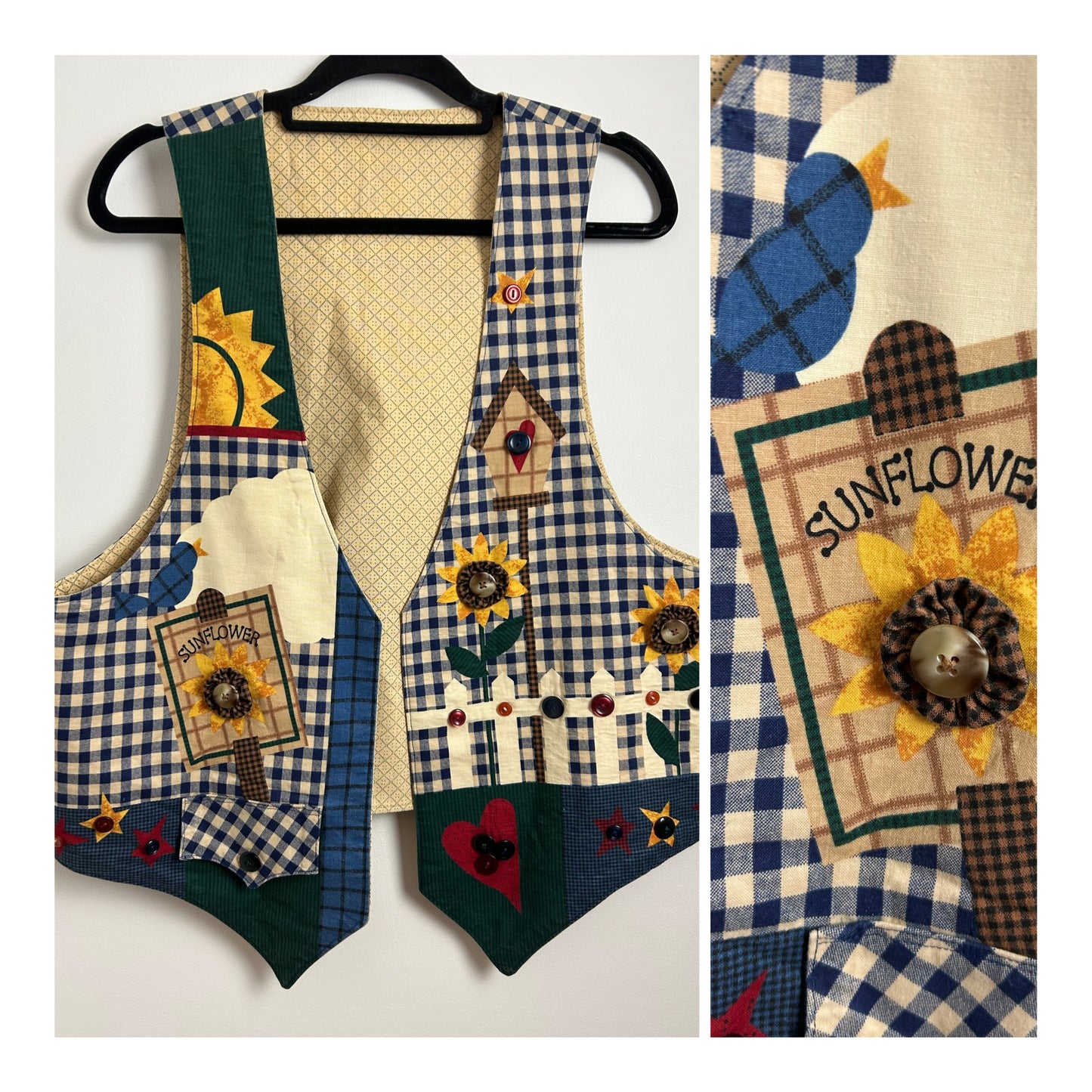 Vintage 1980s UK Size 14-16 Blue Cream & Green Check Sunflower Garden Print Button Detail Cotton Waistcoat