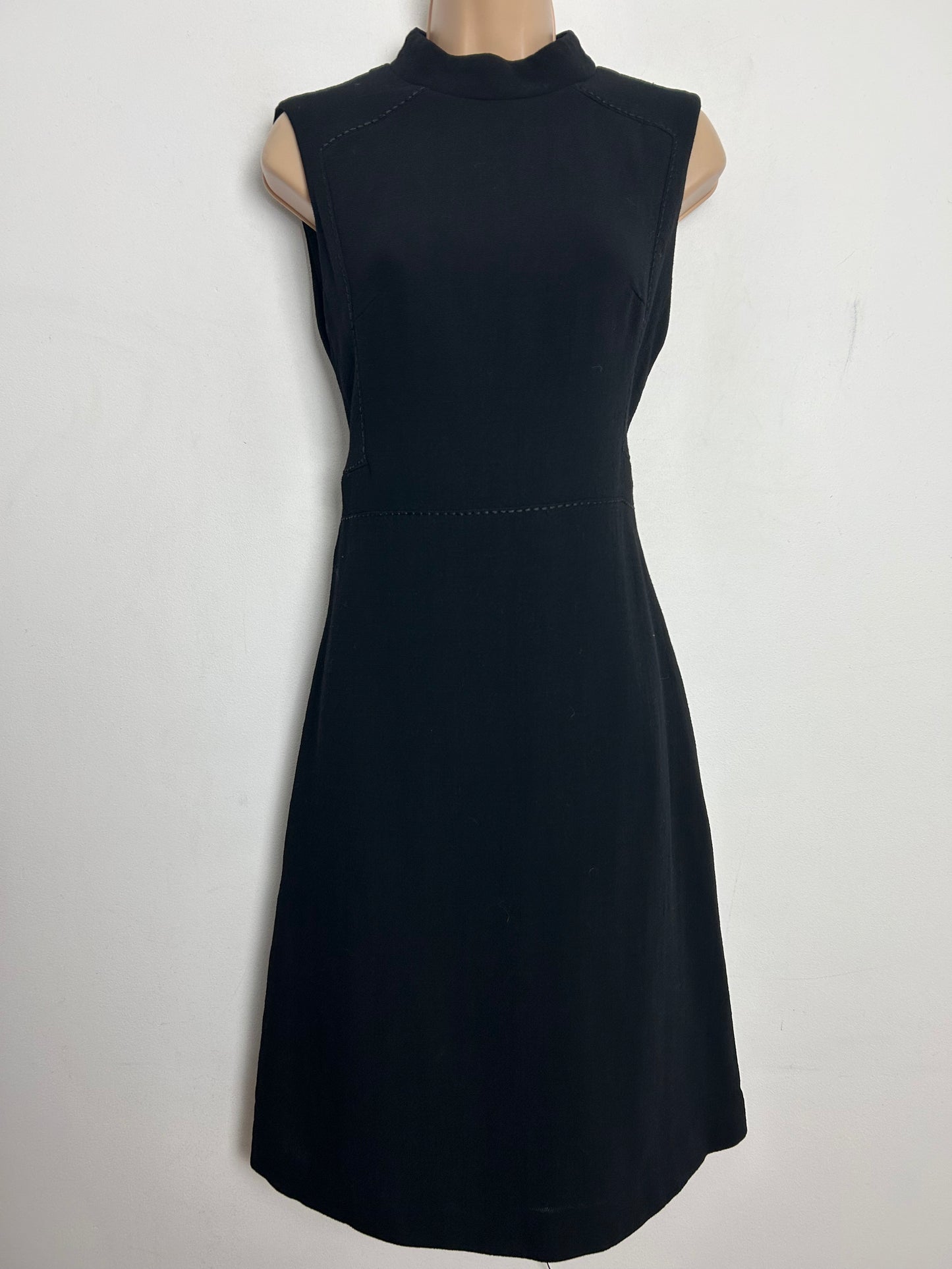 Vintage 1960s UK Size 8 Black Pure New Wool Stitch Detail Mod Shift Dress