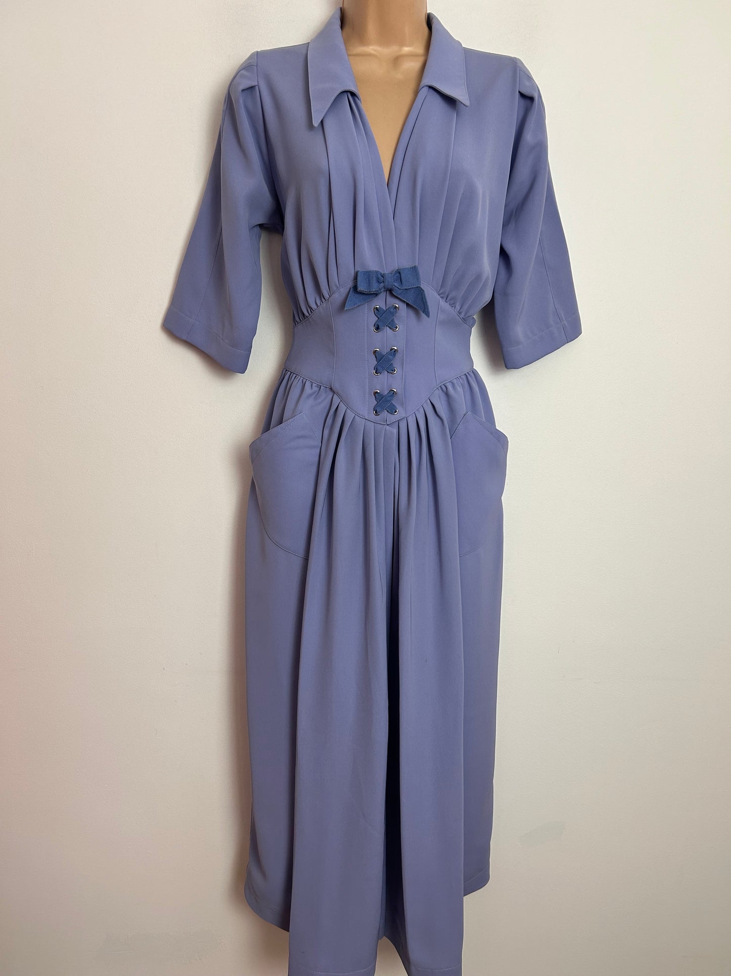 Vintage 1980s DESIGNER THIERRY MUGLER UK Size 8 Lilac Blue Mock Lace Up Detail 1940s Style Dress